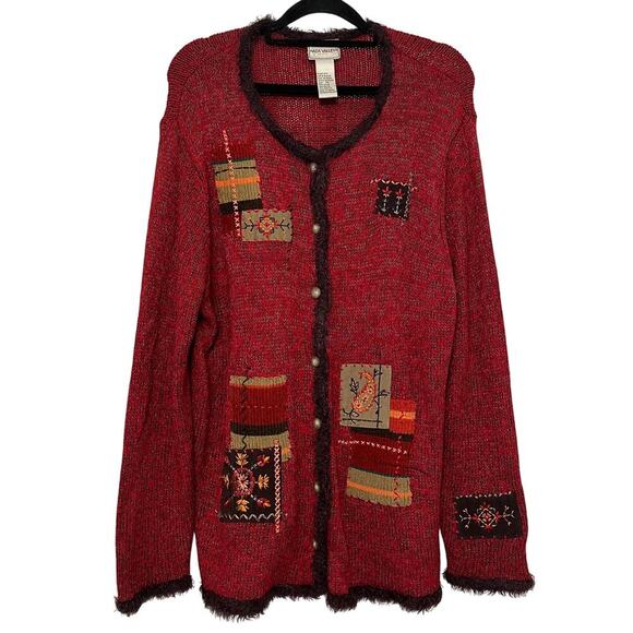 Vintage Granny Cardigan Sweater Burgundy Size 1X Embroidered Patchwork Fur Trim - Picture 1 of 10